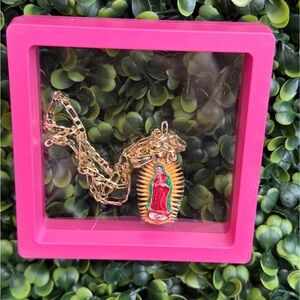 Gold Virgin Mary Pendant Necklace - Pink and Gold